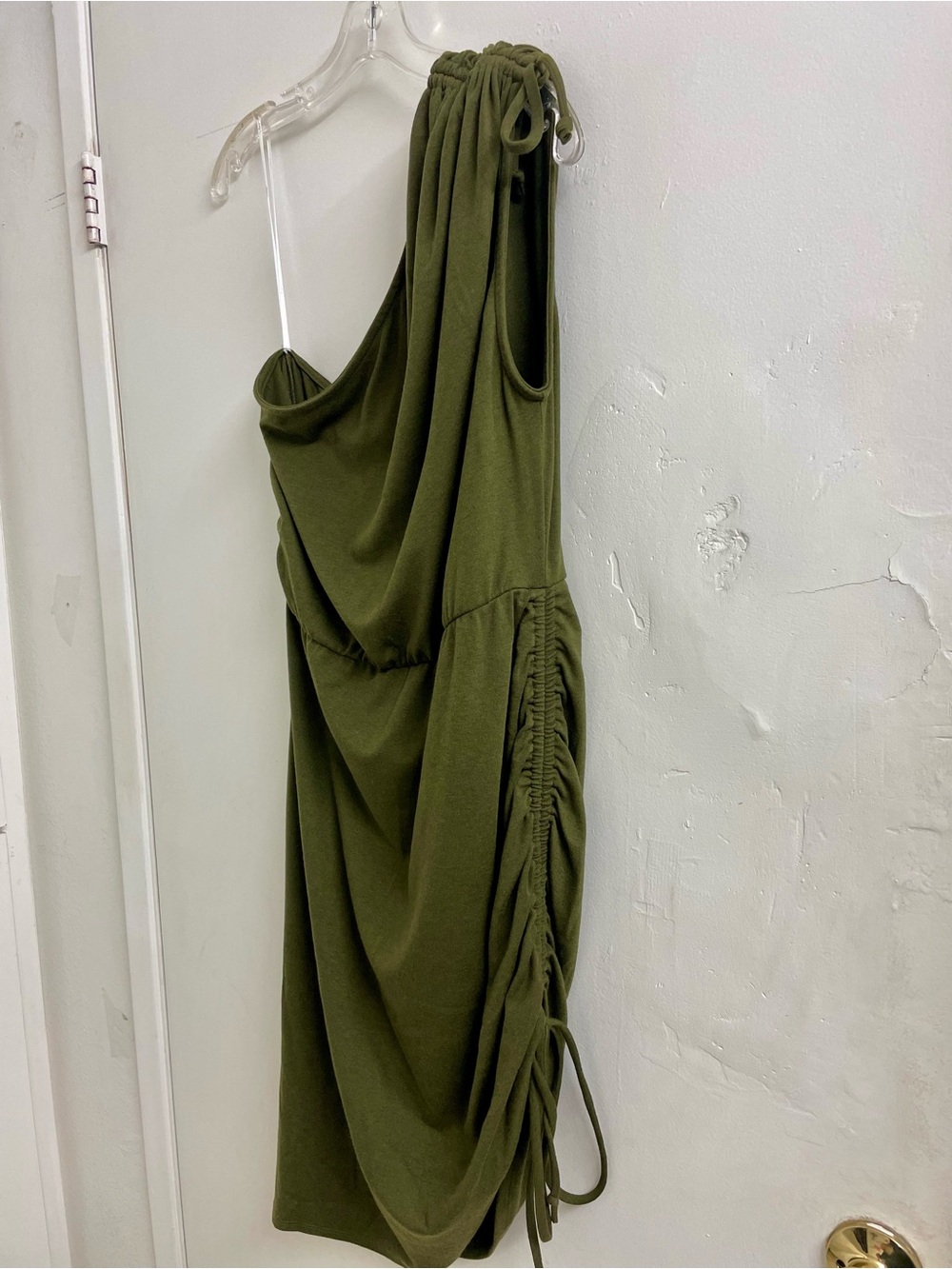 Lulu's Olive One-Shoulder Ruched Drawstring Dress - Picture 6 of 7